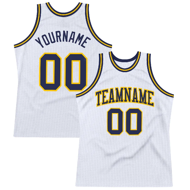 Custom White Navy-Gold Authentic Throwback Basketball Jersey