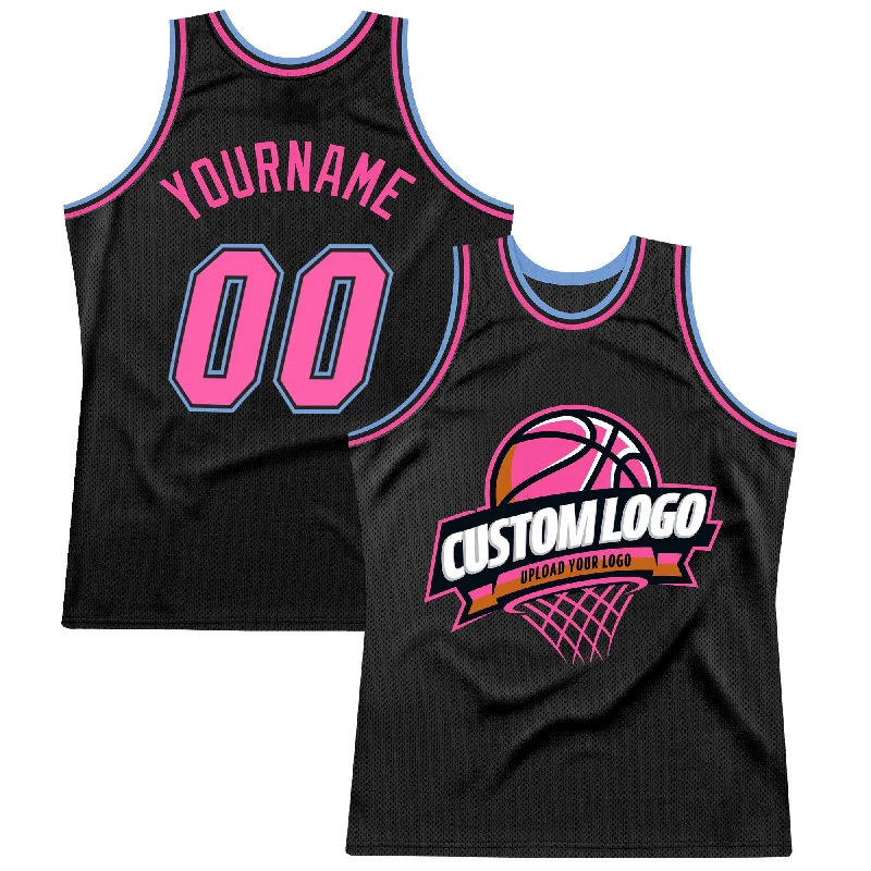 Custom Black Pink-Light Blue Authentic Throwback Basketball Jersey