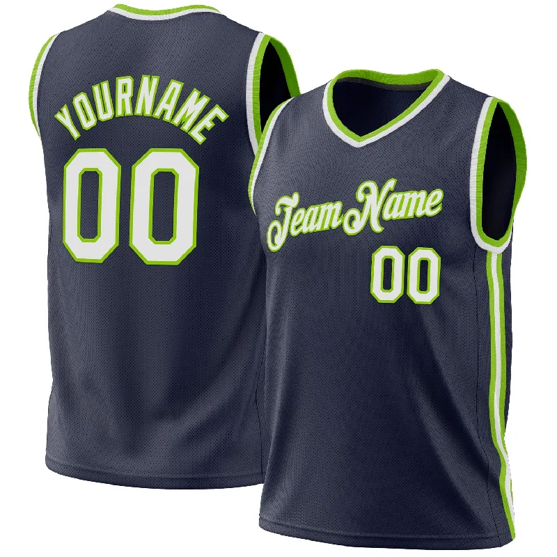 Custom Navy White-Neon Green Authentic Throwback Basketball Jersey