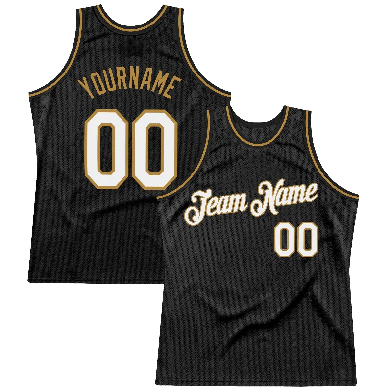 Custom Black White-Old Gold Authentic Throwback Basketball Jersey