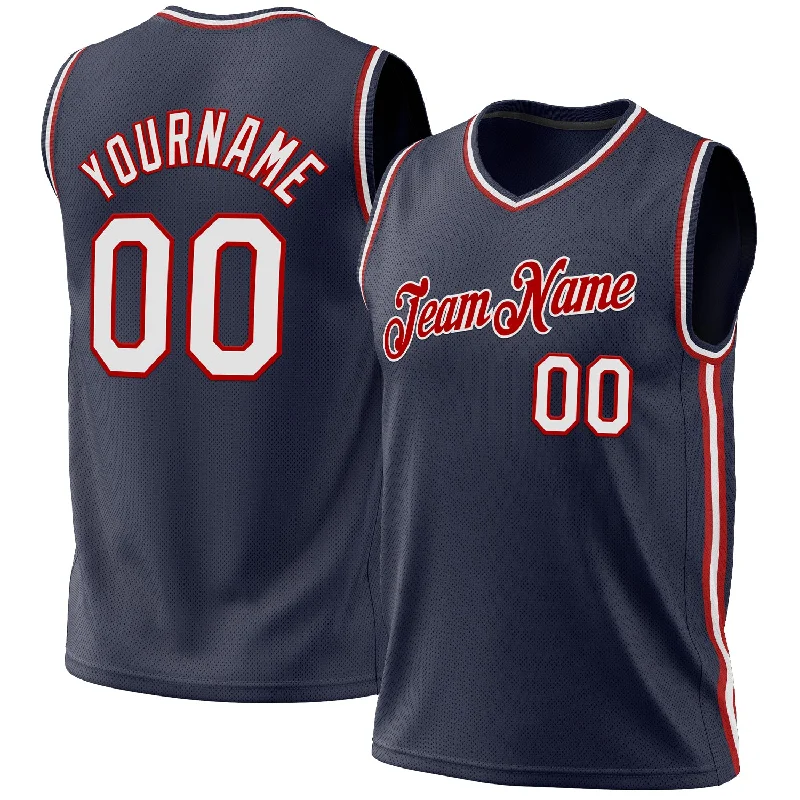 Custom Navy White-Red Authentic Throwback Basketball Jersey