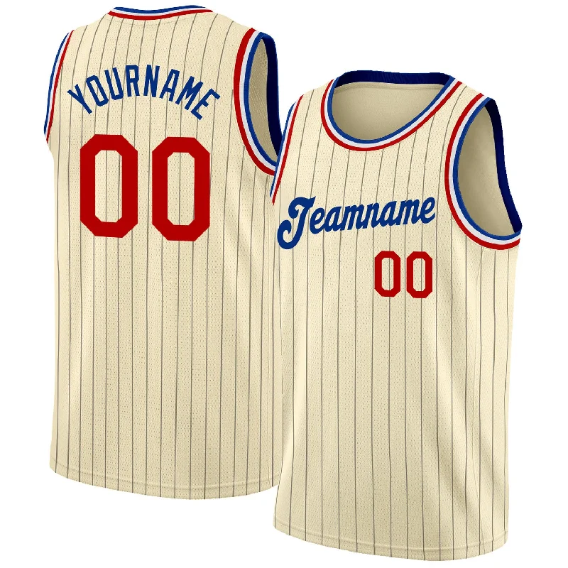 Custom Cream Black Pinstripe Red-Royal Authentic Basketball Jersey