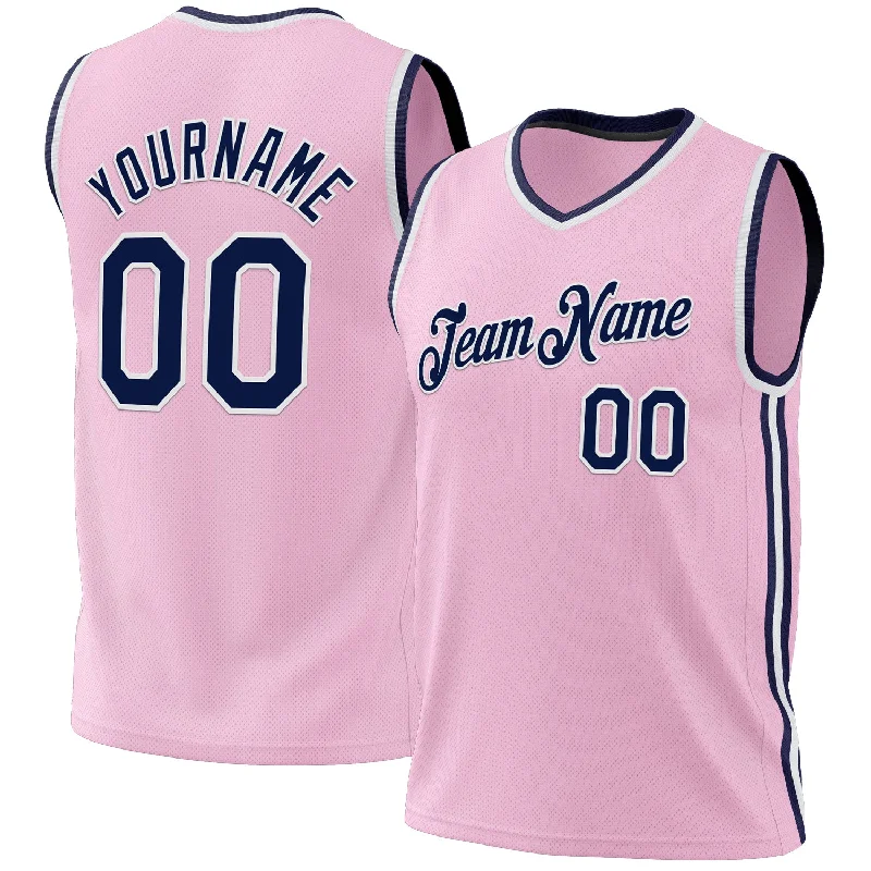 Custom Light Pink Navy-White Authentic Throwback Basketball Jersey