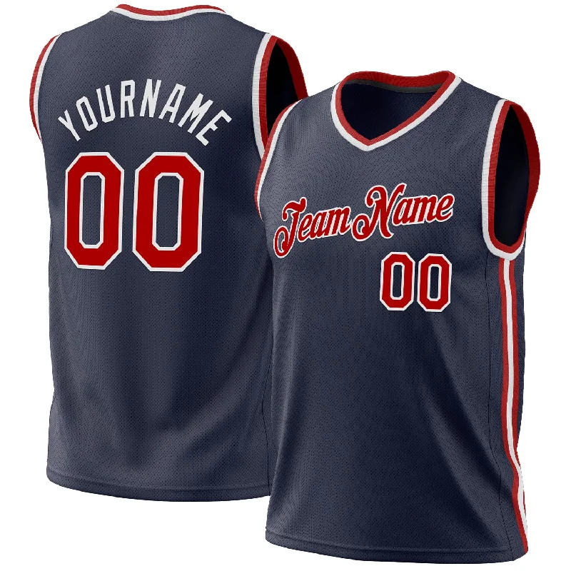 Custom Navy Red-White Authentic Throwback Basketball Jersey