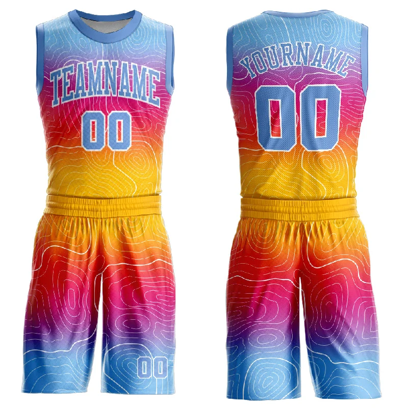 Custom Gold Light Blue-White Round Neck Sublimation Basketball Suit Jersey