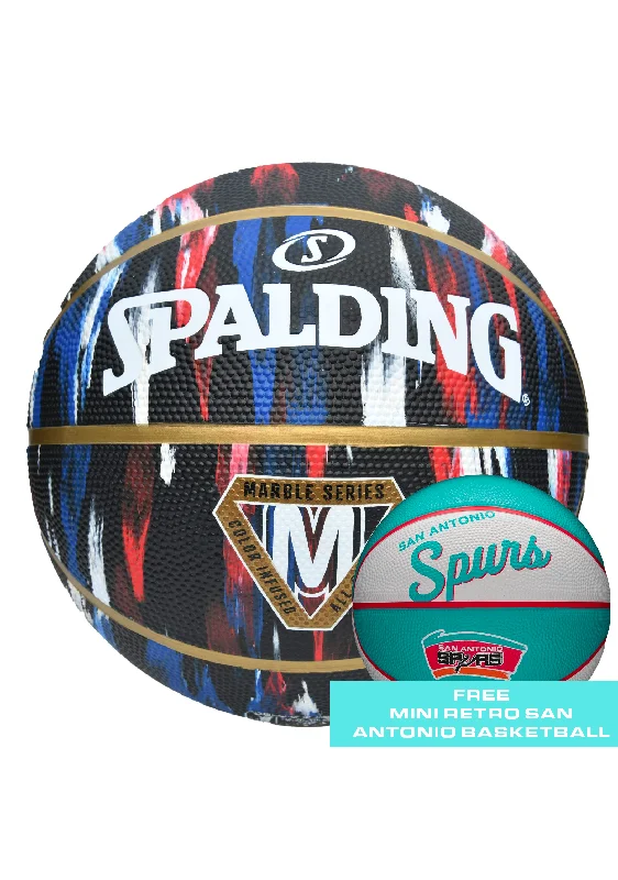 Spalding x Harlem Globetrotters Marble Series Rubber Basketball Size 7 with FREE Wilson NBA Team Mini Retro San Antonio Basketball<br> 5095/WTB3200XBSAN