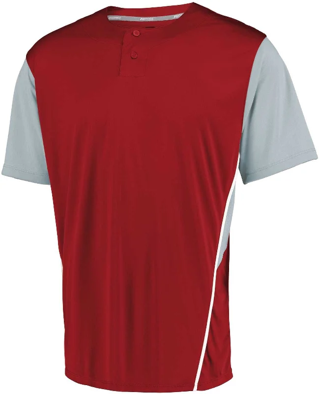 Russell 3R6X2B Youth Two-Button Placket Jersey - True Red Baseball Grey