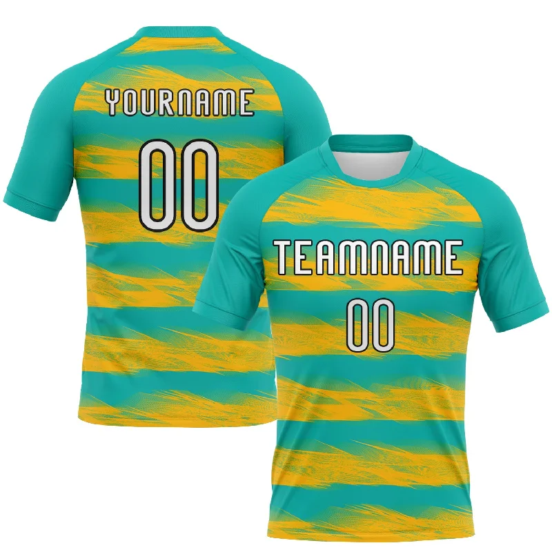 Custom Aqua Yellow-Black Abstract Lines Sublimation Volleyball Uniform Jersey