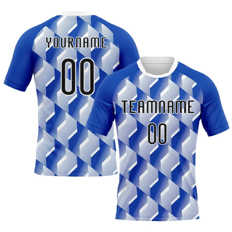 Custom Thunder Blue Black-White Geometric Shape Sublimation Volleyball Uniform Jersey